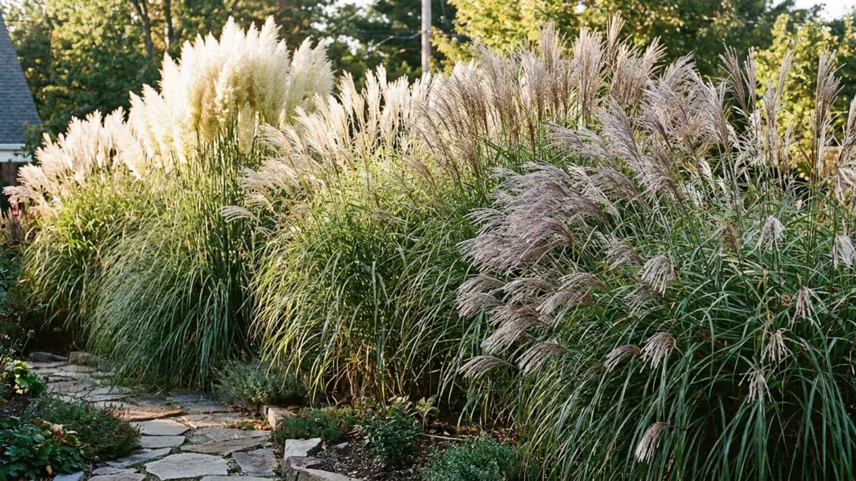 Tall ornamental grasses planted in a row forming a natural privacy screen in the yard