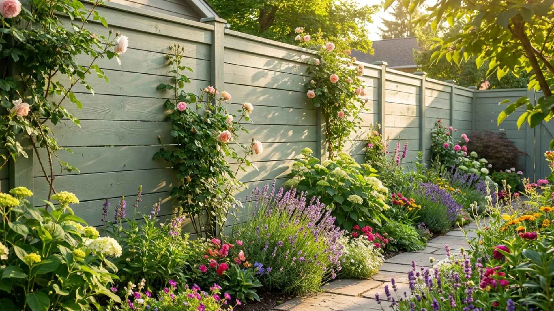 Sage green painted wooden fence creating a colorful backdrop for a flower garden.