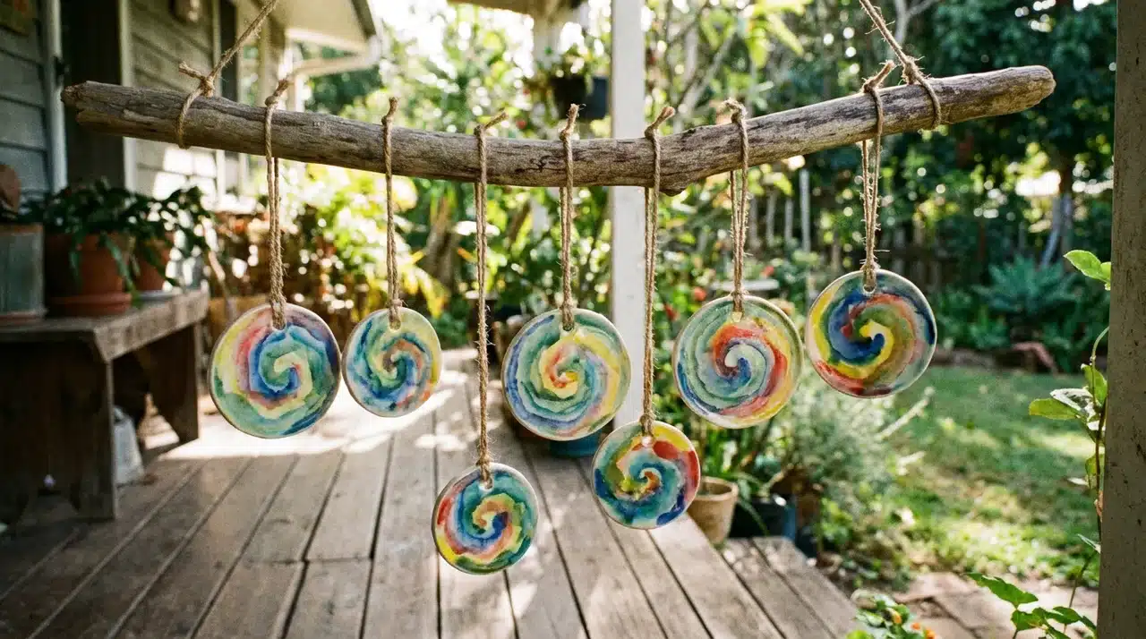 Colorful ceramic ornaments with watercolor swirl patterns hanging from a driftwood branch on a porch