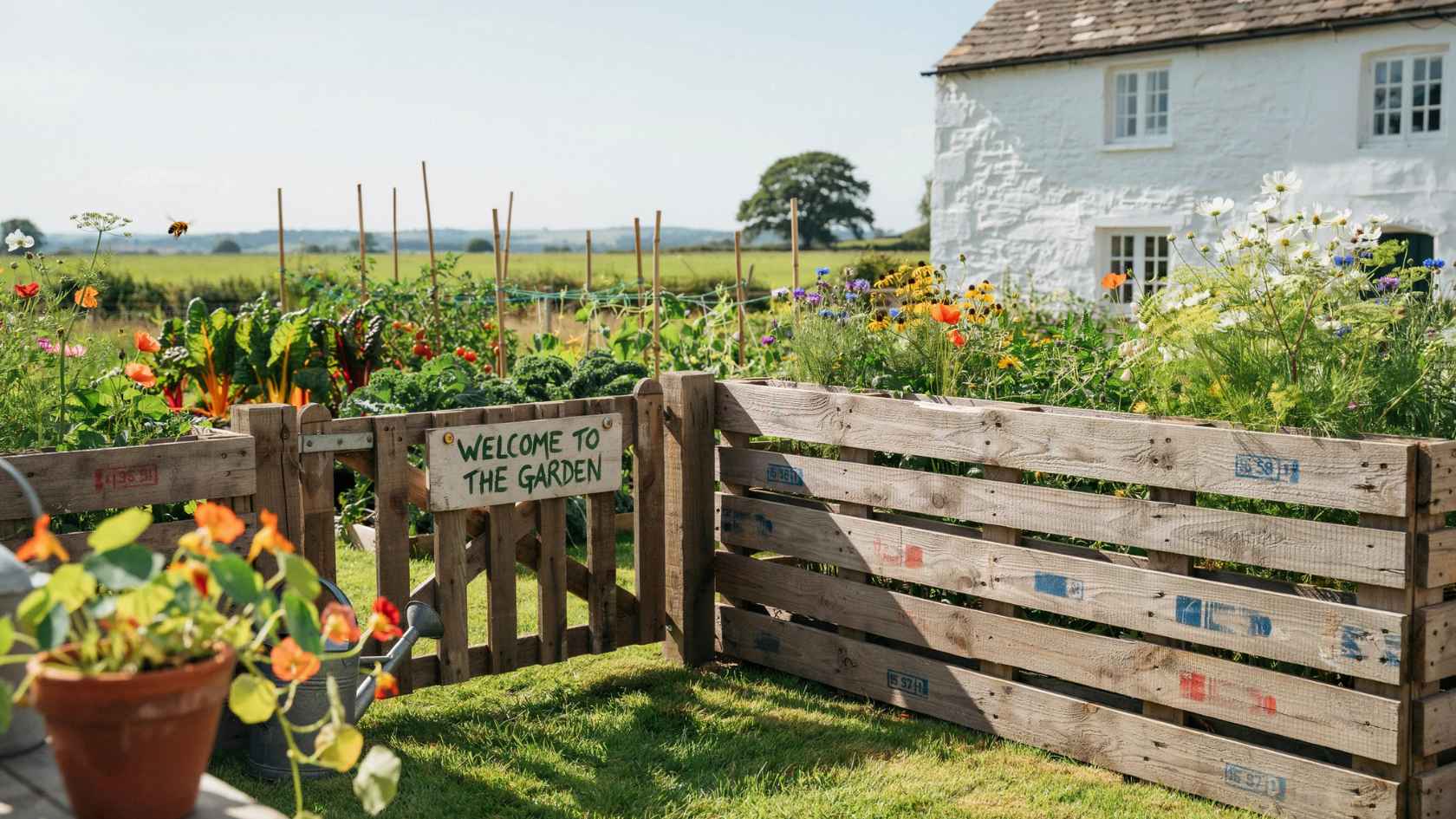 Rustic pallet wood fence surrounding a cottage garden with flowers and vegetable beds.