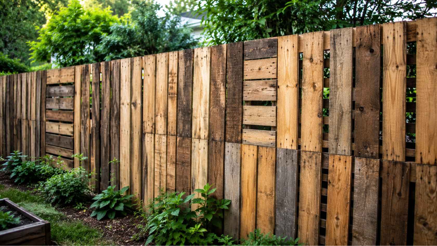 Rustic pallet wood fence made from reclaimed boards in a backyard garden