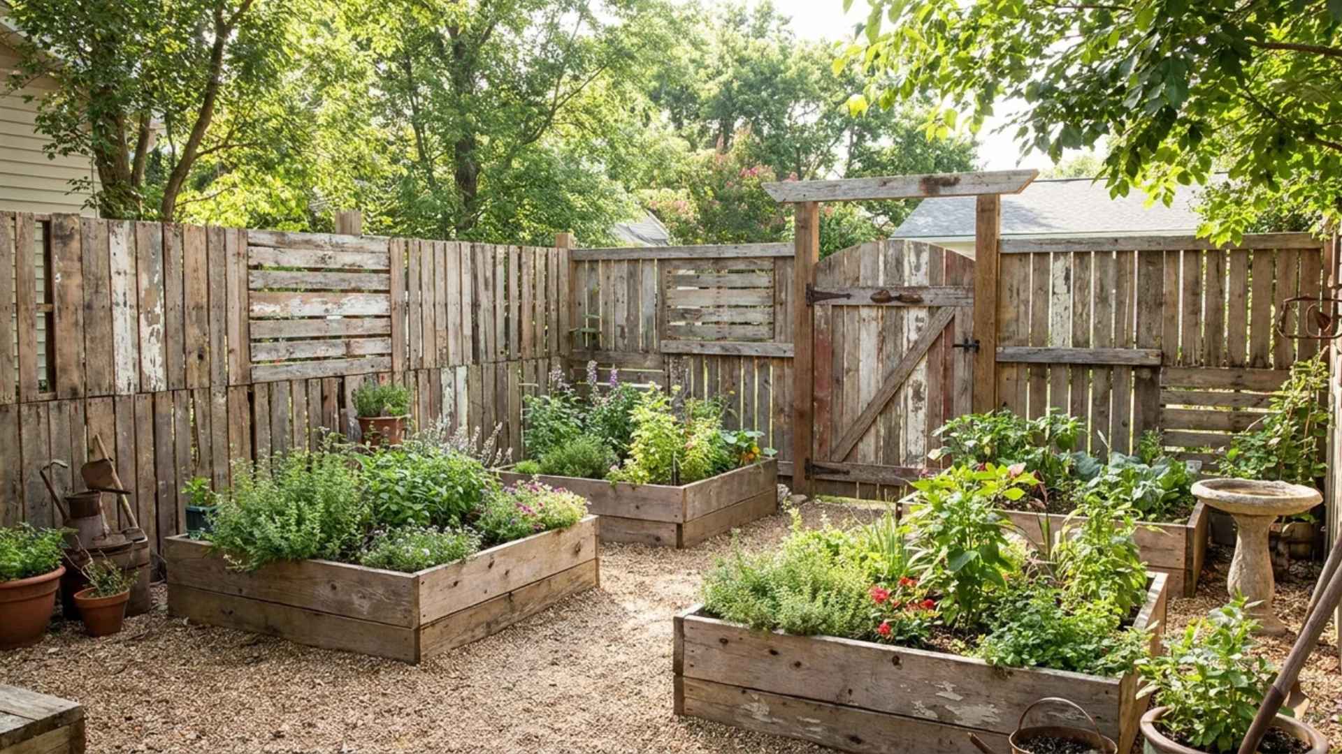 Rustic pallet wood fence enclosing a garden with reclaimed boards and natural textures.