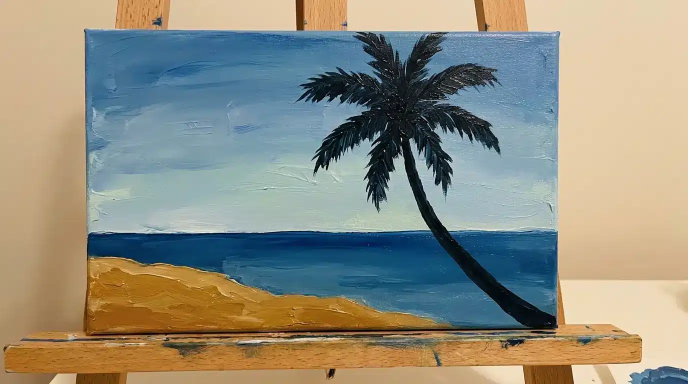 Palm tree beach canvas painting with blue sky and sandy ground