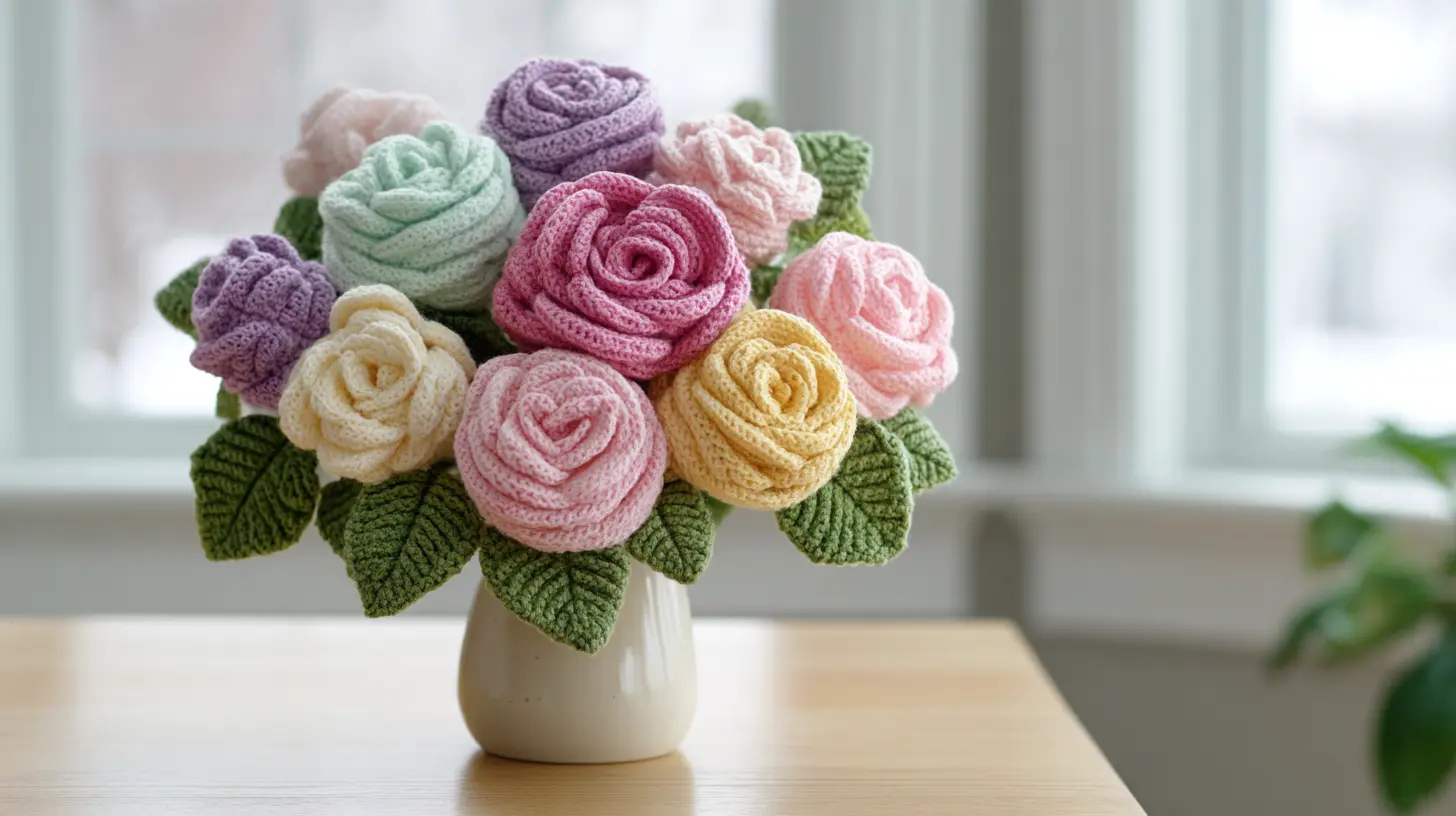 Pastel crochet flower arrangement with pink, lavender, and yellow blooms