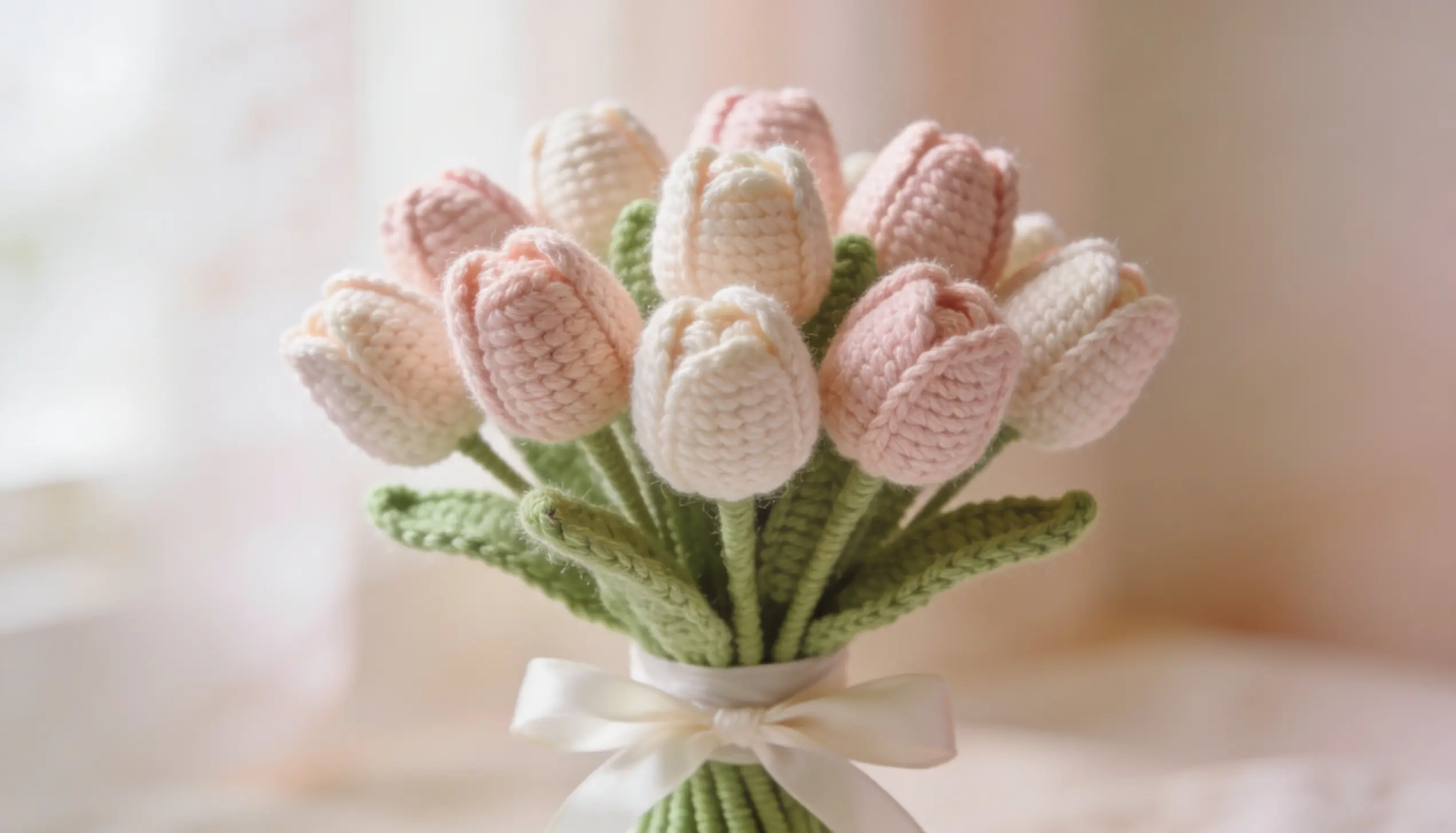Pastel crochet tulip bouquet arranged neatly on clean table