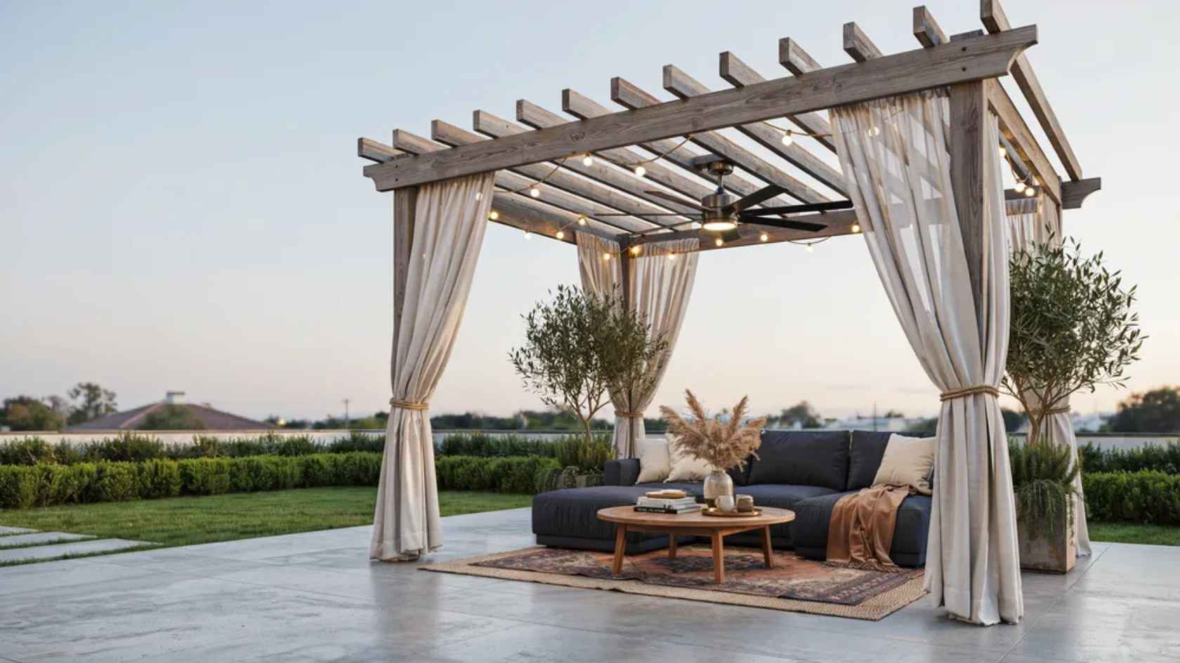Pergola with outdoor curtains, ceiling fan, and lighting forming a cozy outdoor room