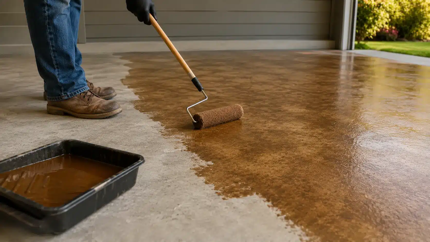 Person applying stain to a concrete floor with a roller indoors outdoors.