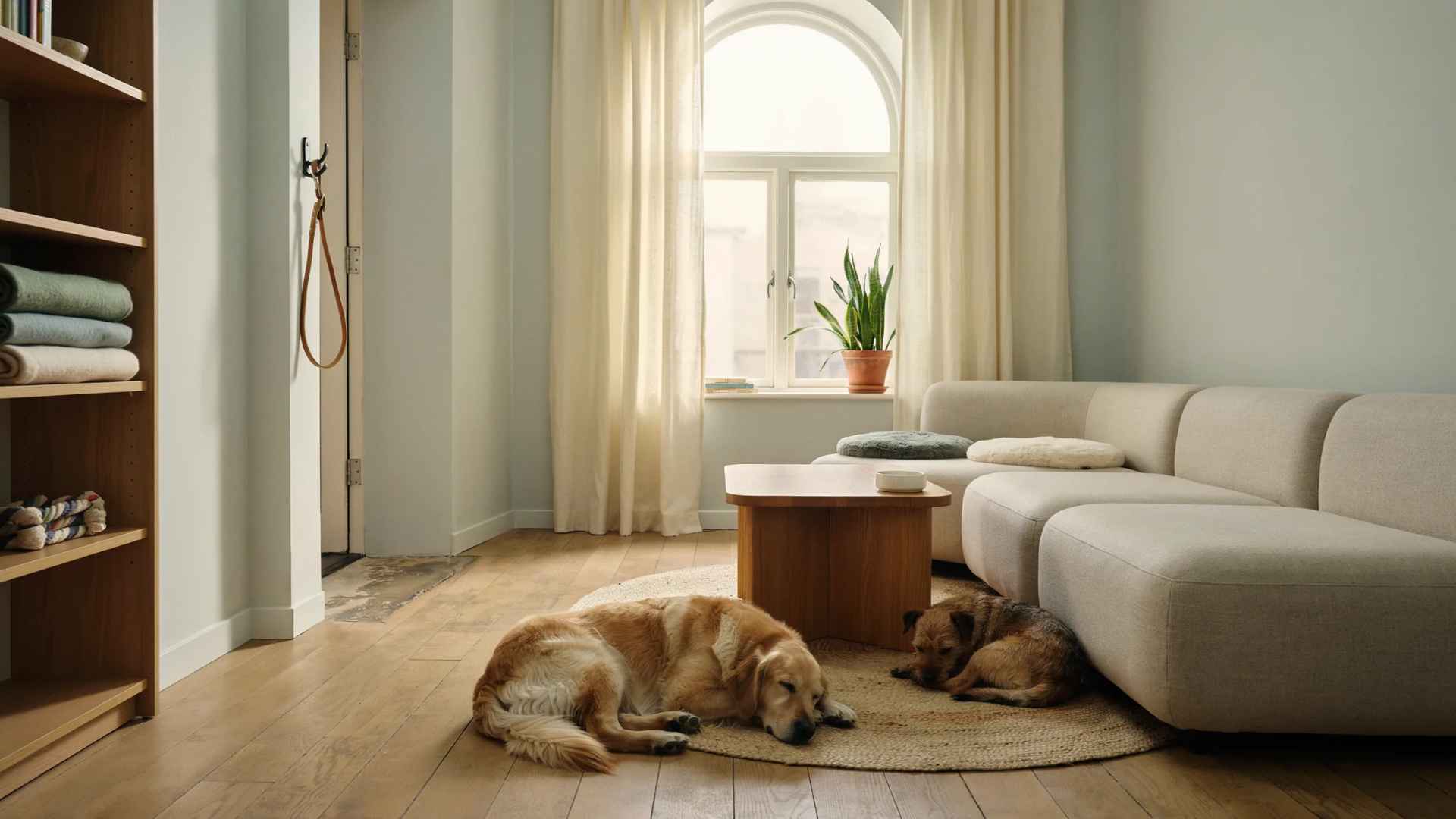 Living room with open pathways and furniture arranged for pets and people.