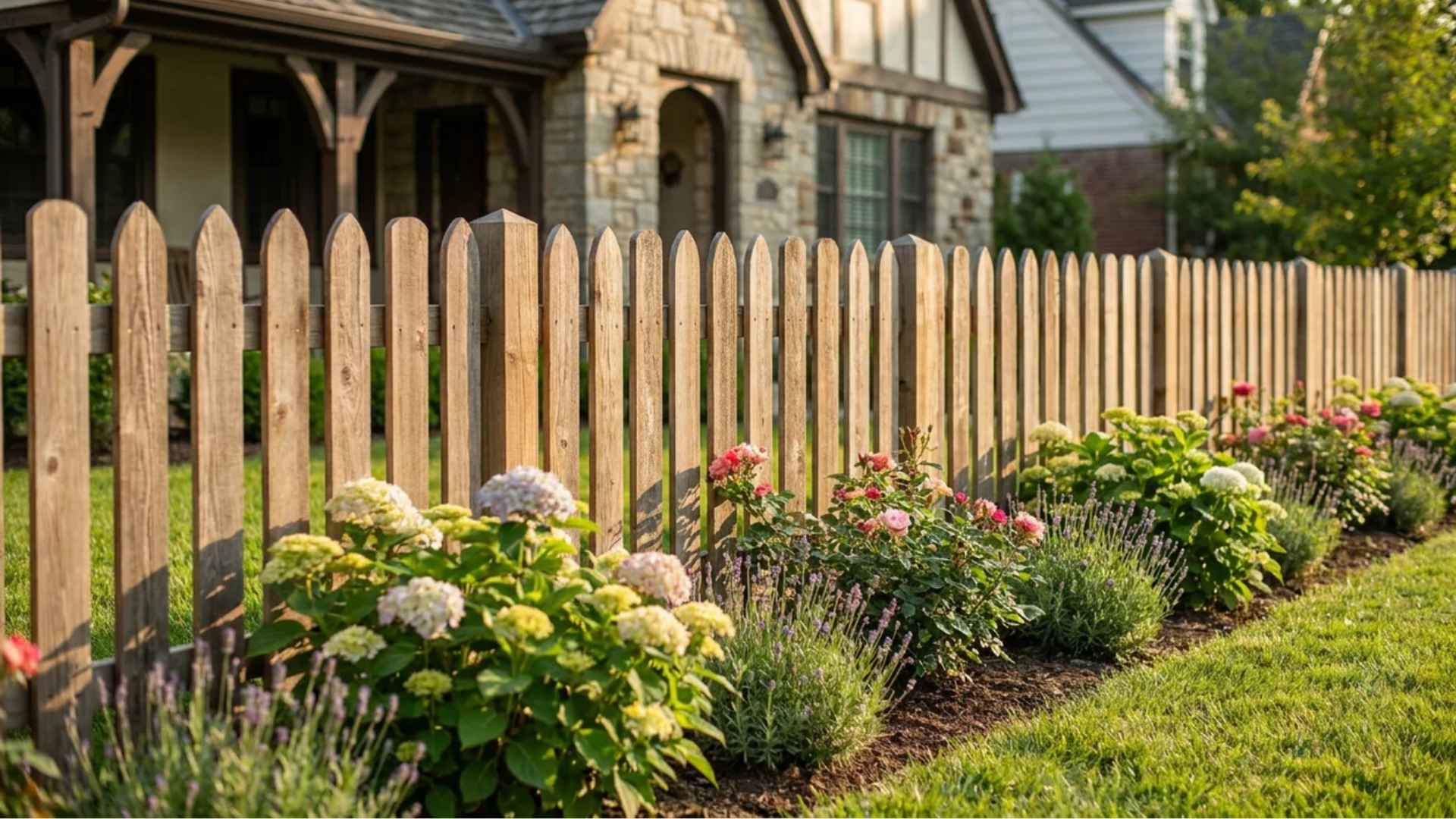 Wooden picket fence with decorative cut tops bordering a landscaped front yard.