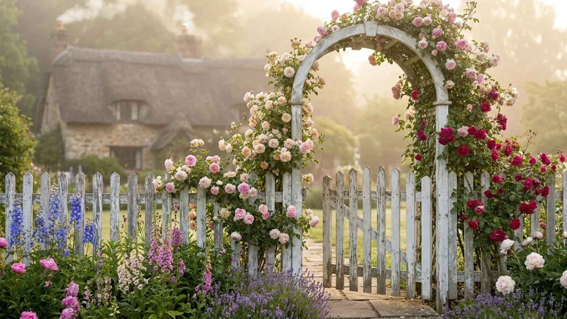White picket fence with rose-covered trellis gate leading into a cottage-style garden.