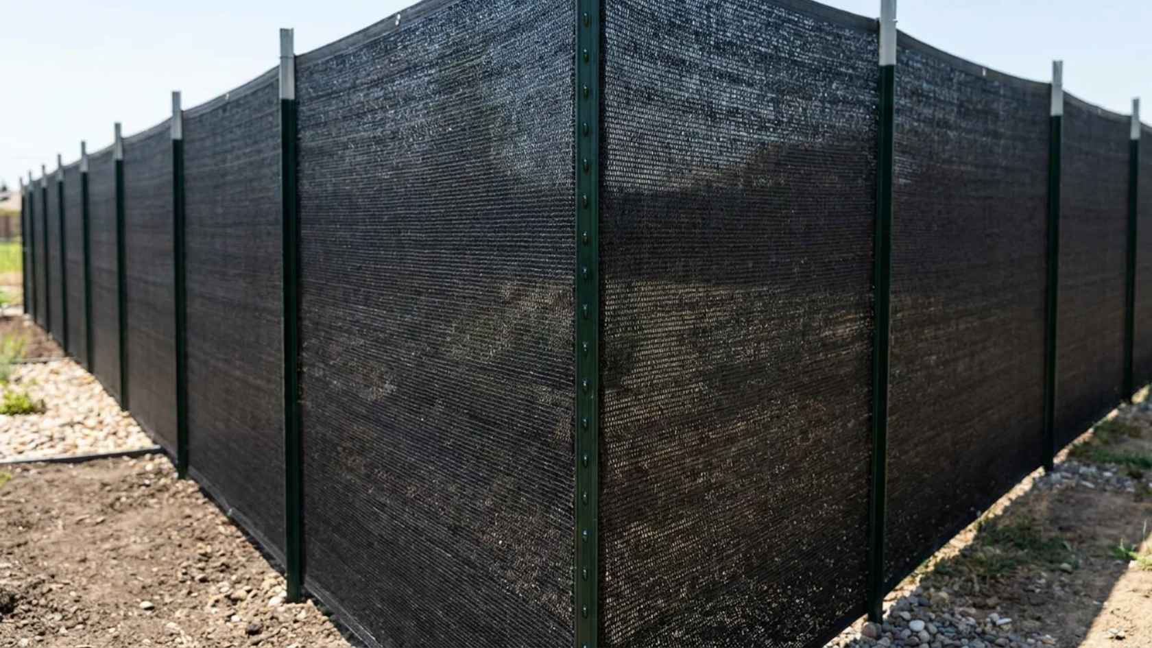 Polypropylene mesh fence on metal stakes forming a temporary garden boundary