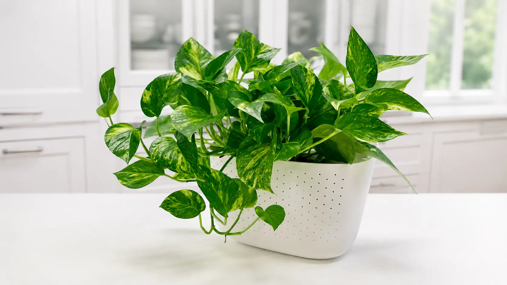 Pothos plant in a white pot on a clean tabletop.