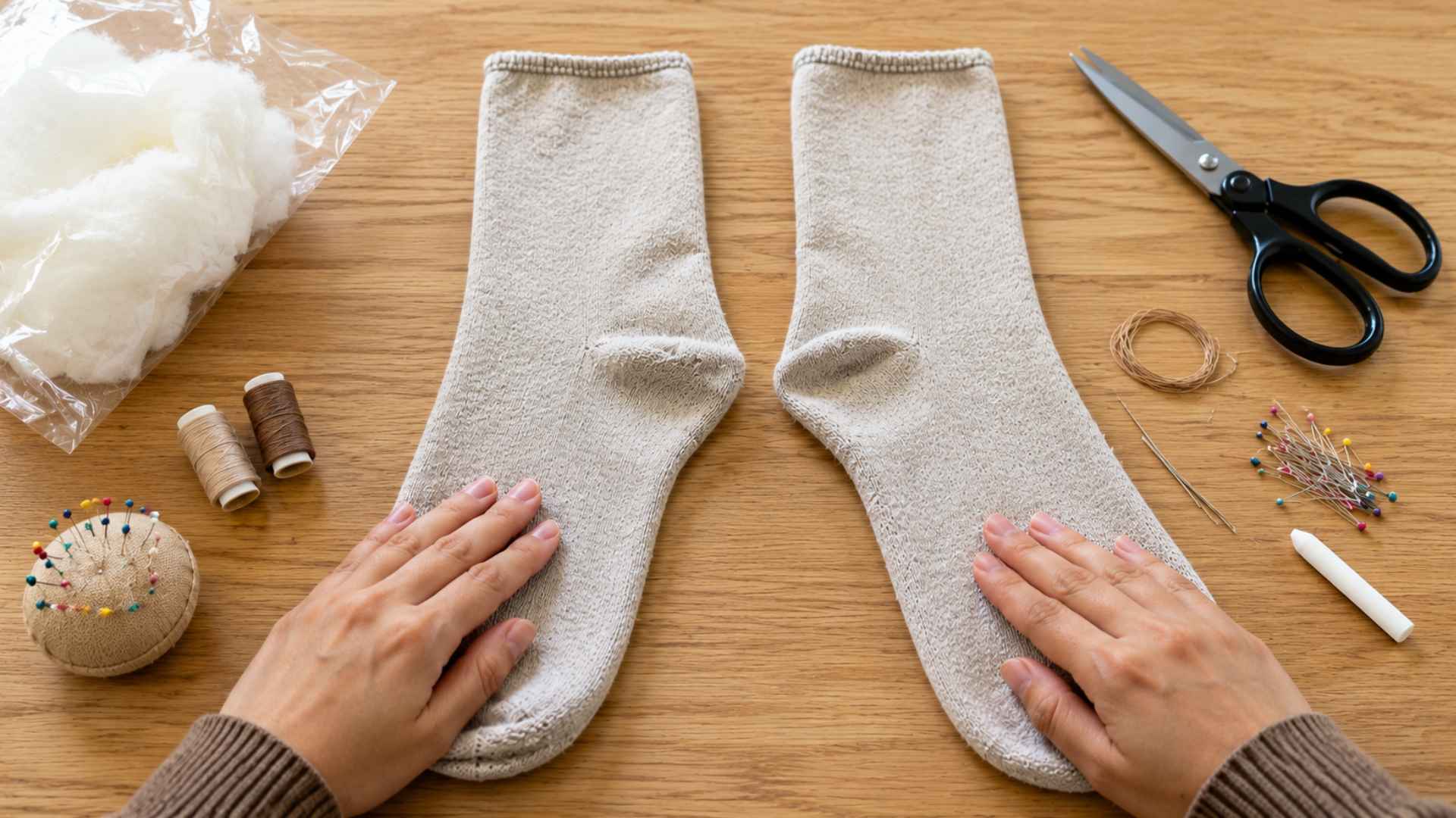 Preparing socks flat on a wooden table for a realistic sock monkey tutorial