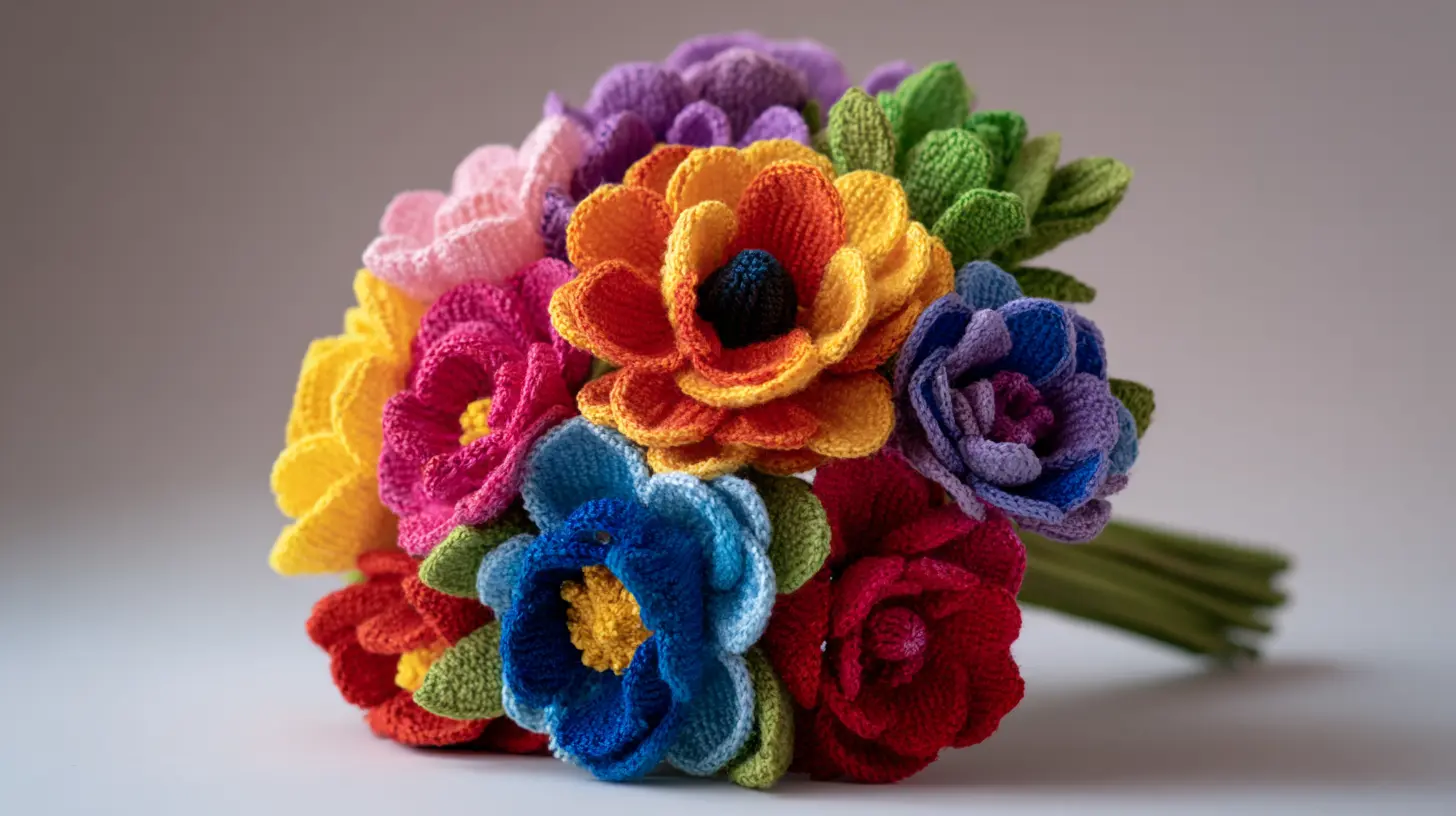 Colorful crochet rainbow flower bouquet with blooms in multiple shades
