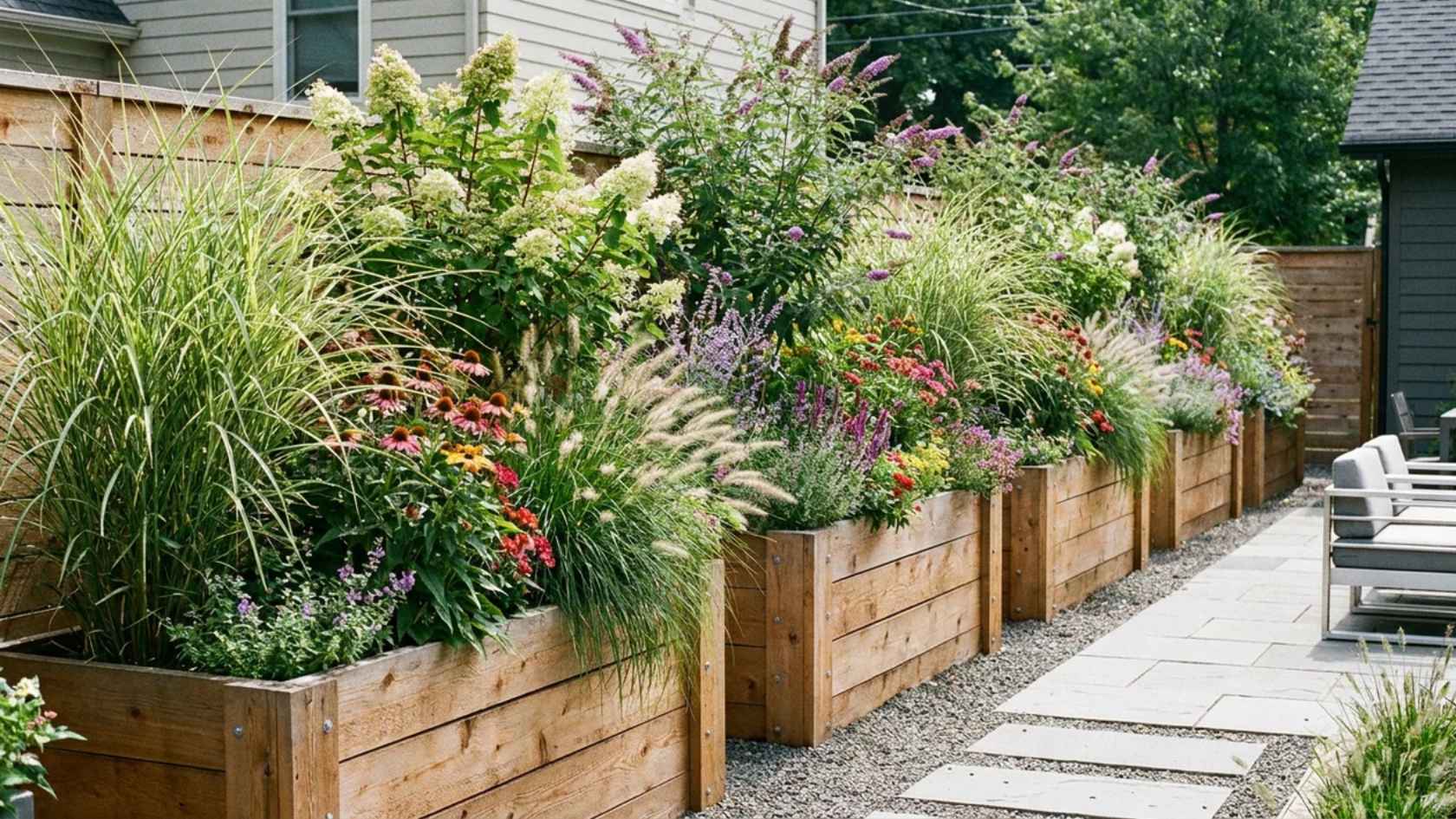 Raised planter boxes filled with shrubs and grasses forming a decorative privacy fence