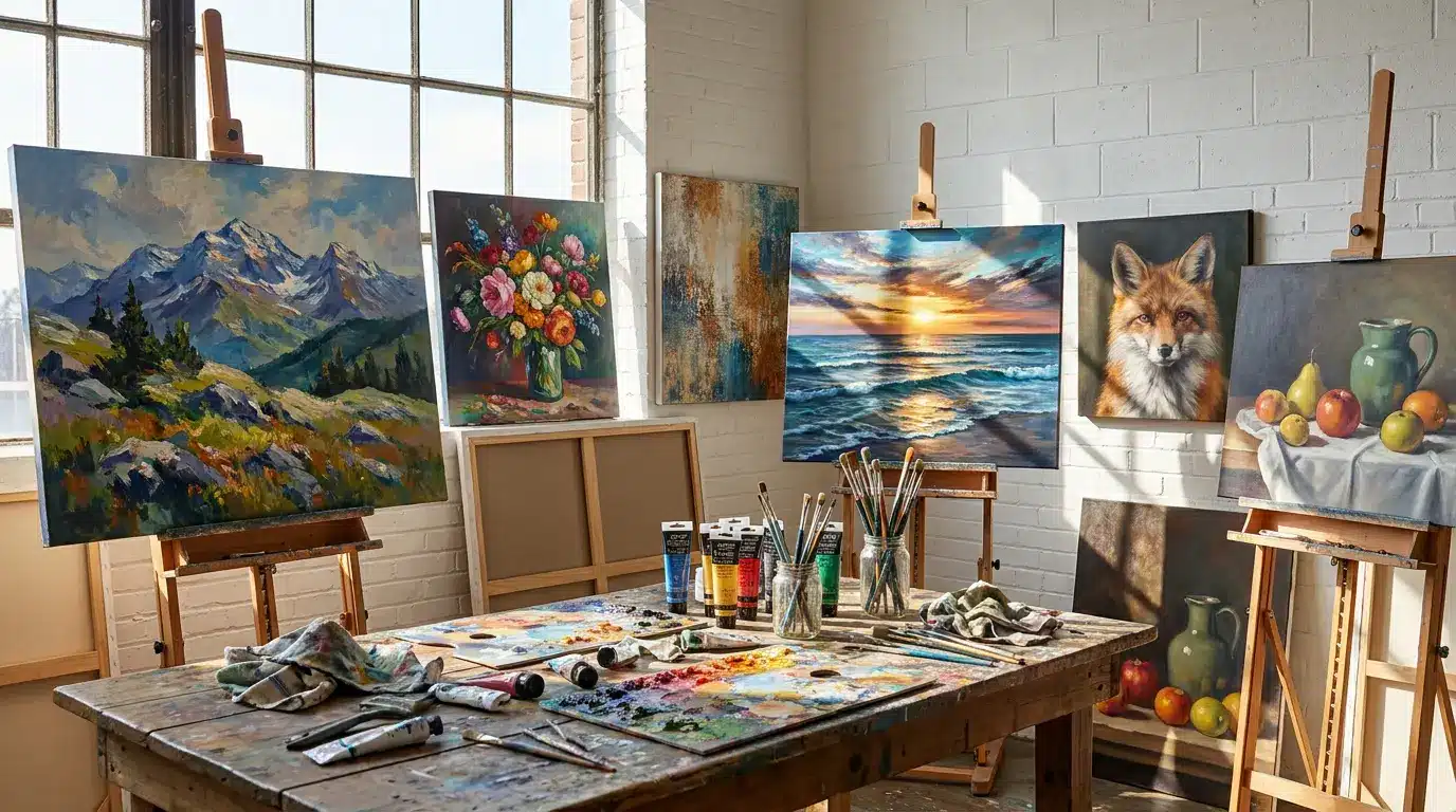 Realistic art studio with colorful canvas paintings and painting supplies