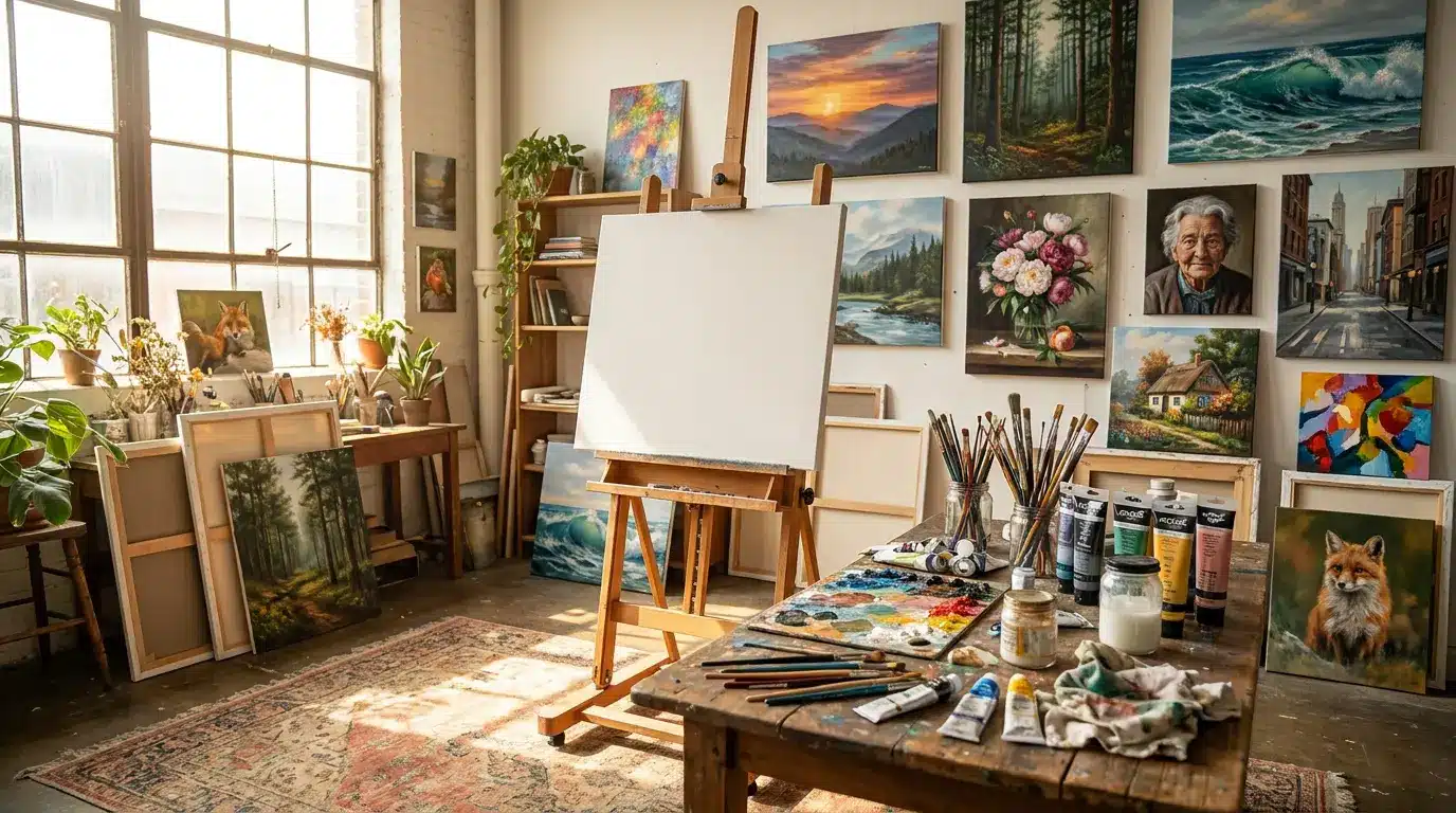 Realistic artist studio with a blank canvas surrounded by colorful painting