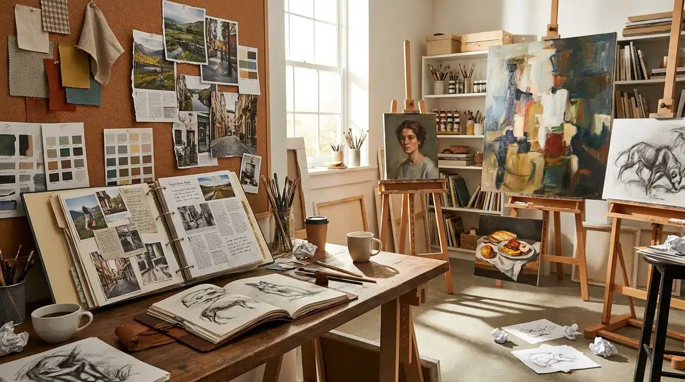 Art studio with sketches and paintings displayed on easels and a workspace table.