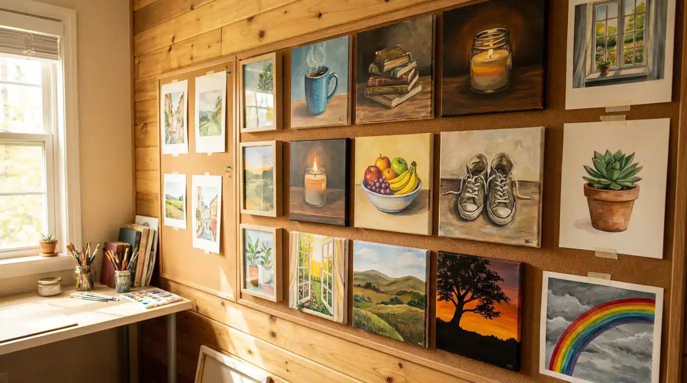 Realistic collage of easy beginner painting ideas