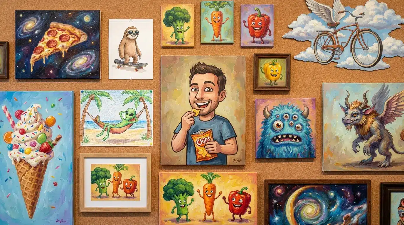 Fun colorful paintings on a cork board.