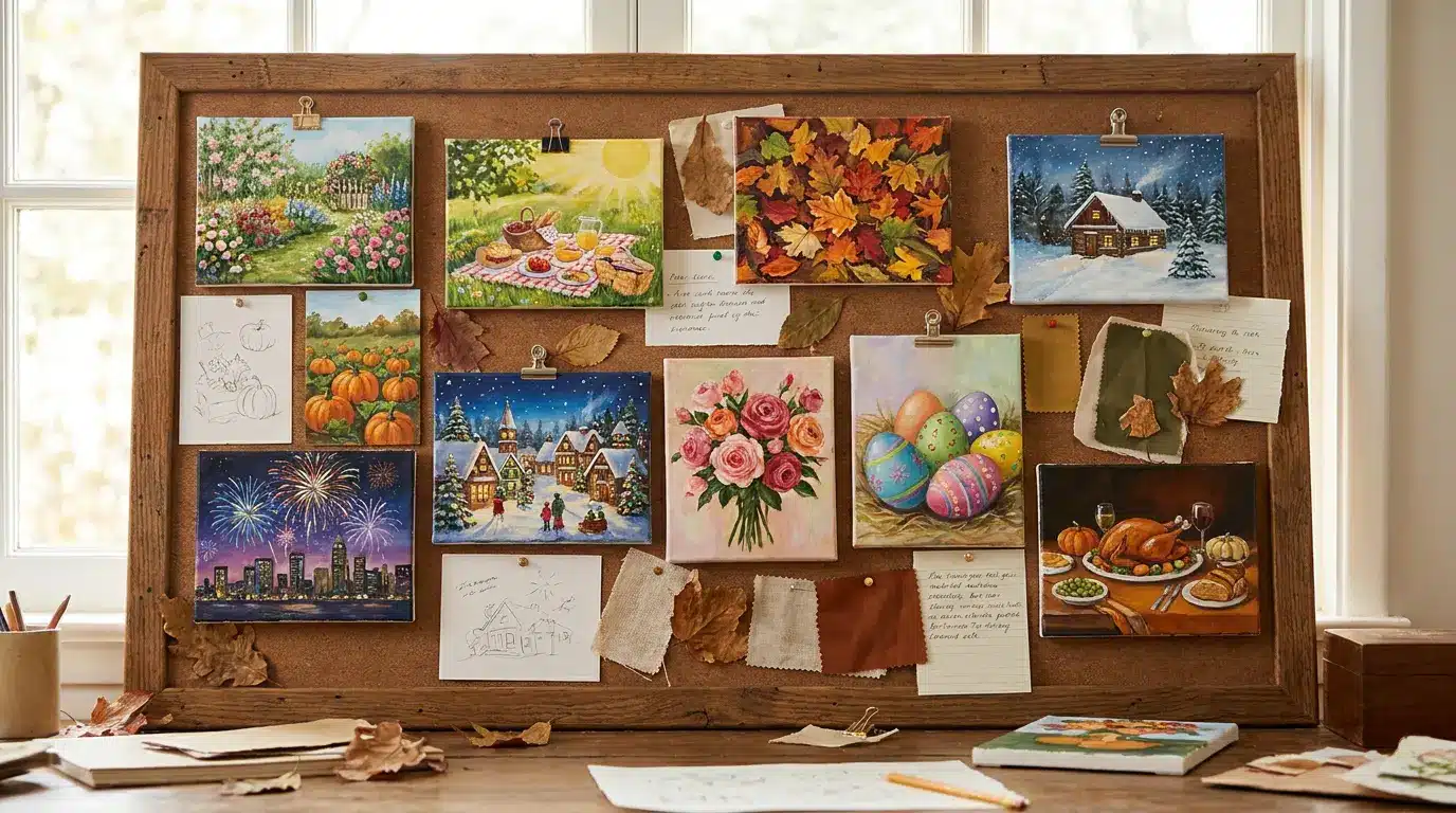 Seasonal paintings pinned on a cork board with autumn, winter, and garden themes.