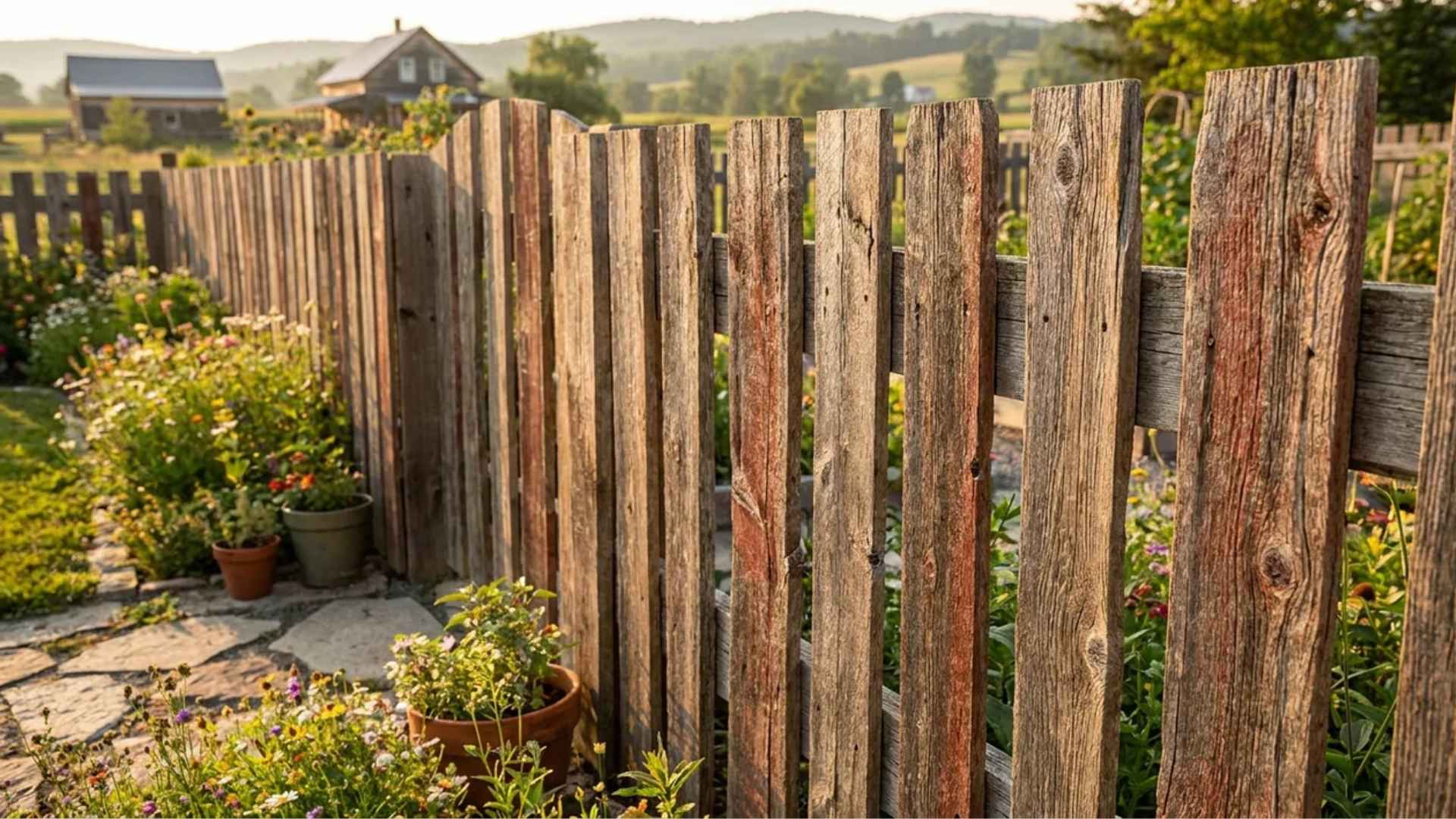 Reclaimed wood fence built from mixed-tone salvaged lumber in a rustic backyard setting.