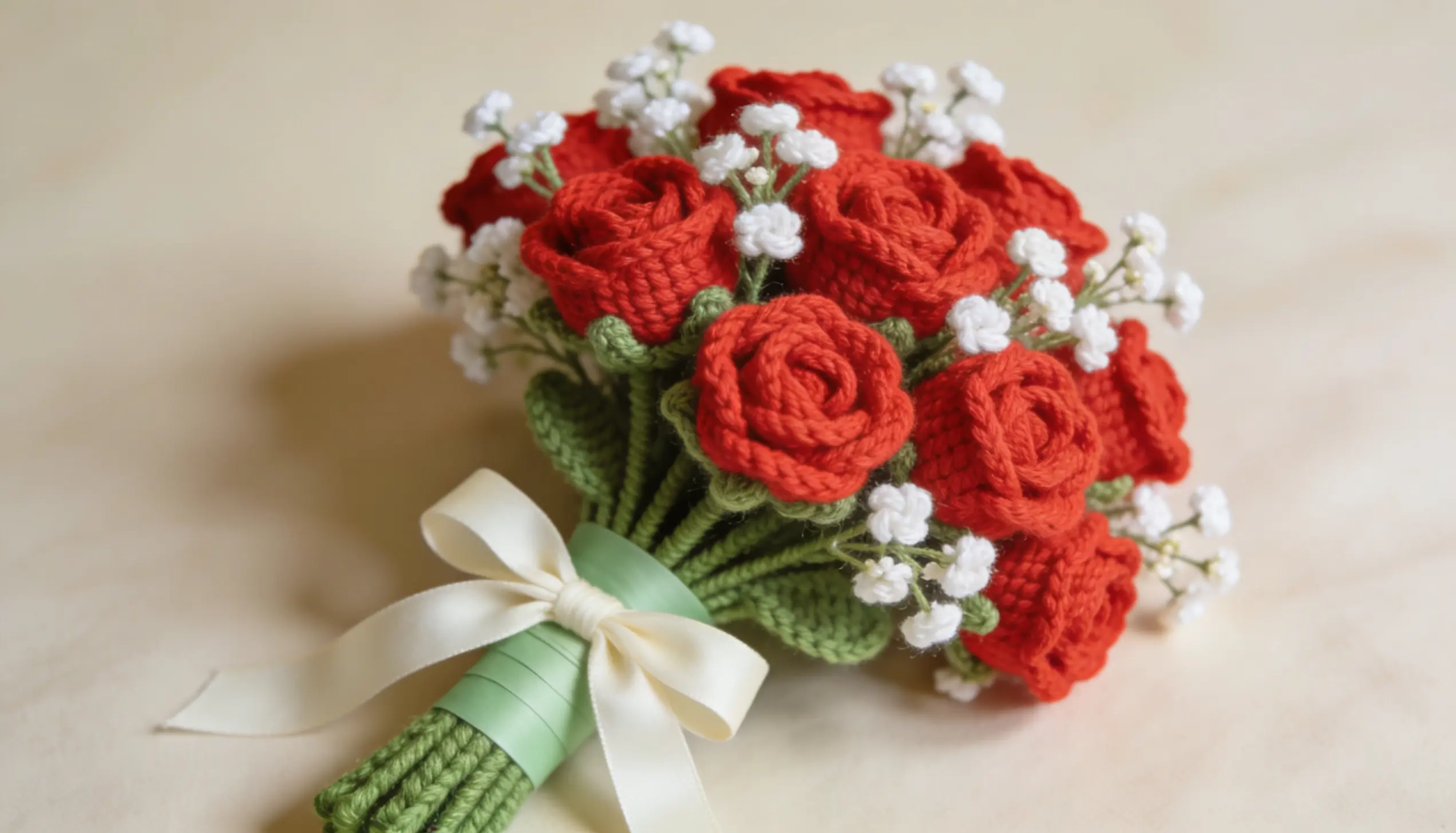 Crochet bouquet with red roses and small white baby's breath flowers arranged together