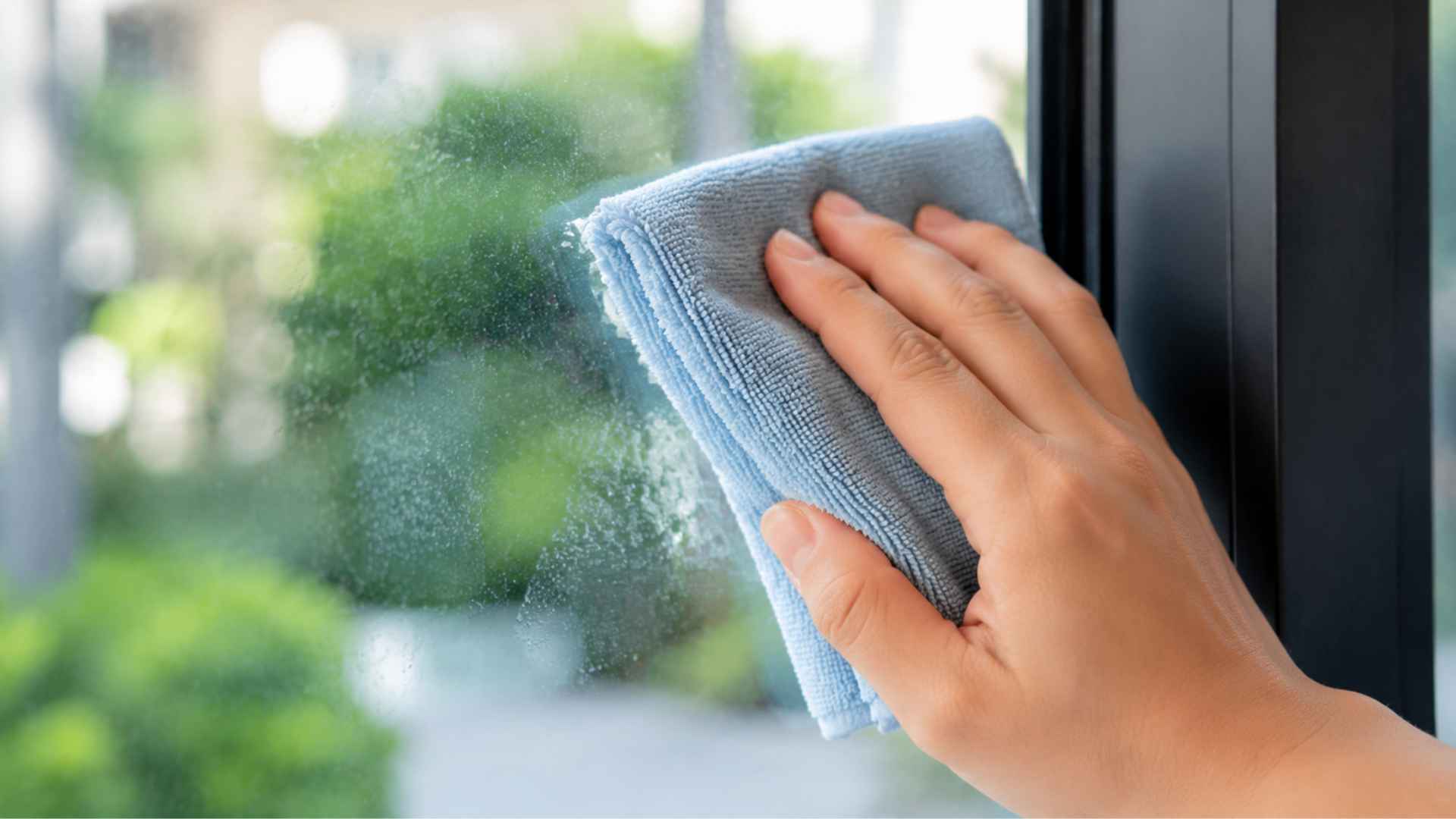 Window being cleaned with a blue microfiber cloth by hand