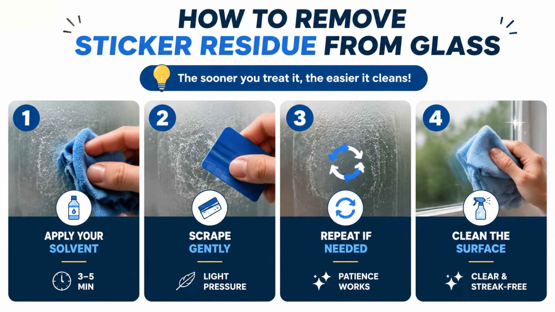 Step-by-step infographic showing how to remove sticker residue from glass using solvent and scraper.