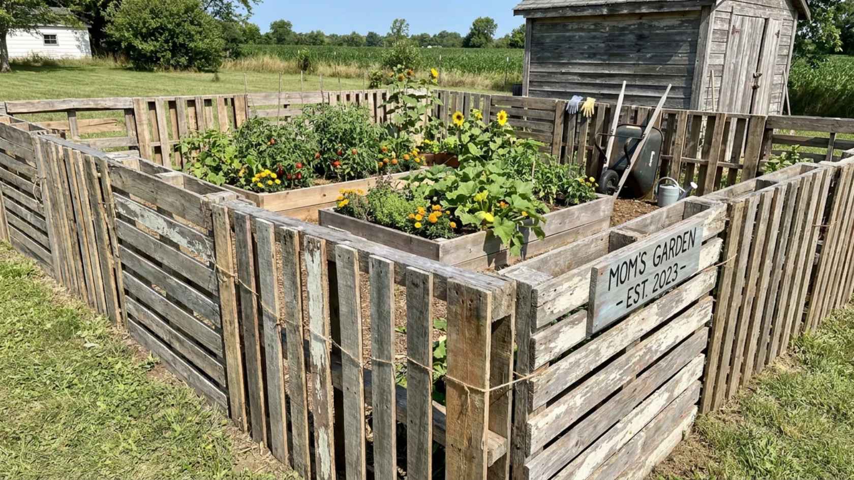 Repurposed pallet fence surrounding a garden with rustic reclaimed wood construction.