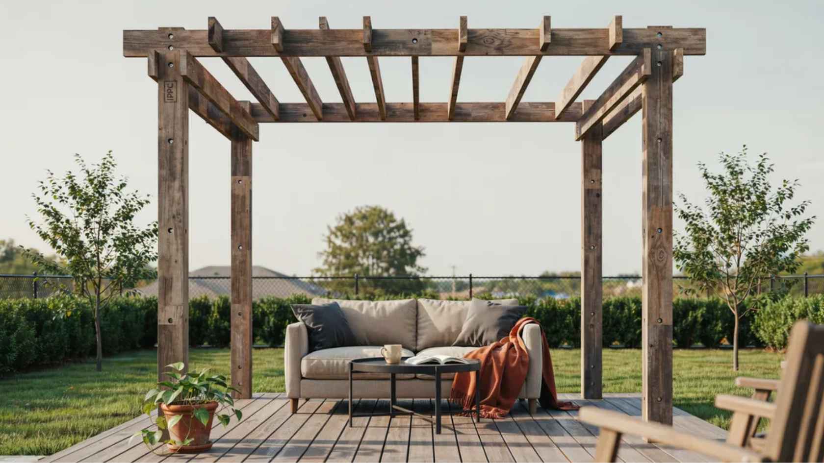 Solar-powered LED canopy lights glowing above a shade structure on a backyard deck