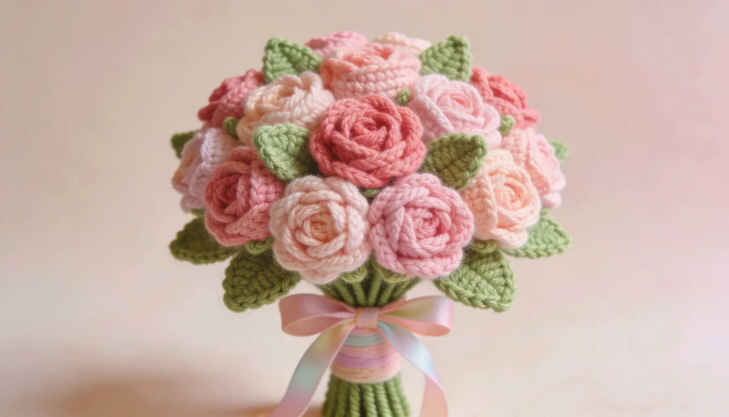 Crochet pink rose bouquet with mixed shades and green leaves arranged in a rounded shape