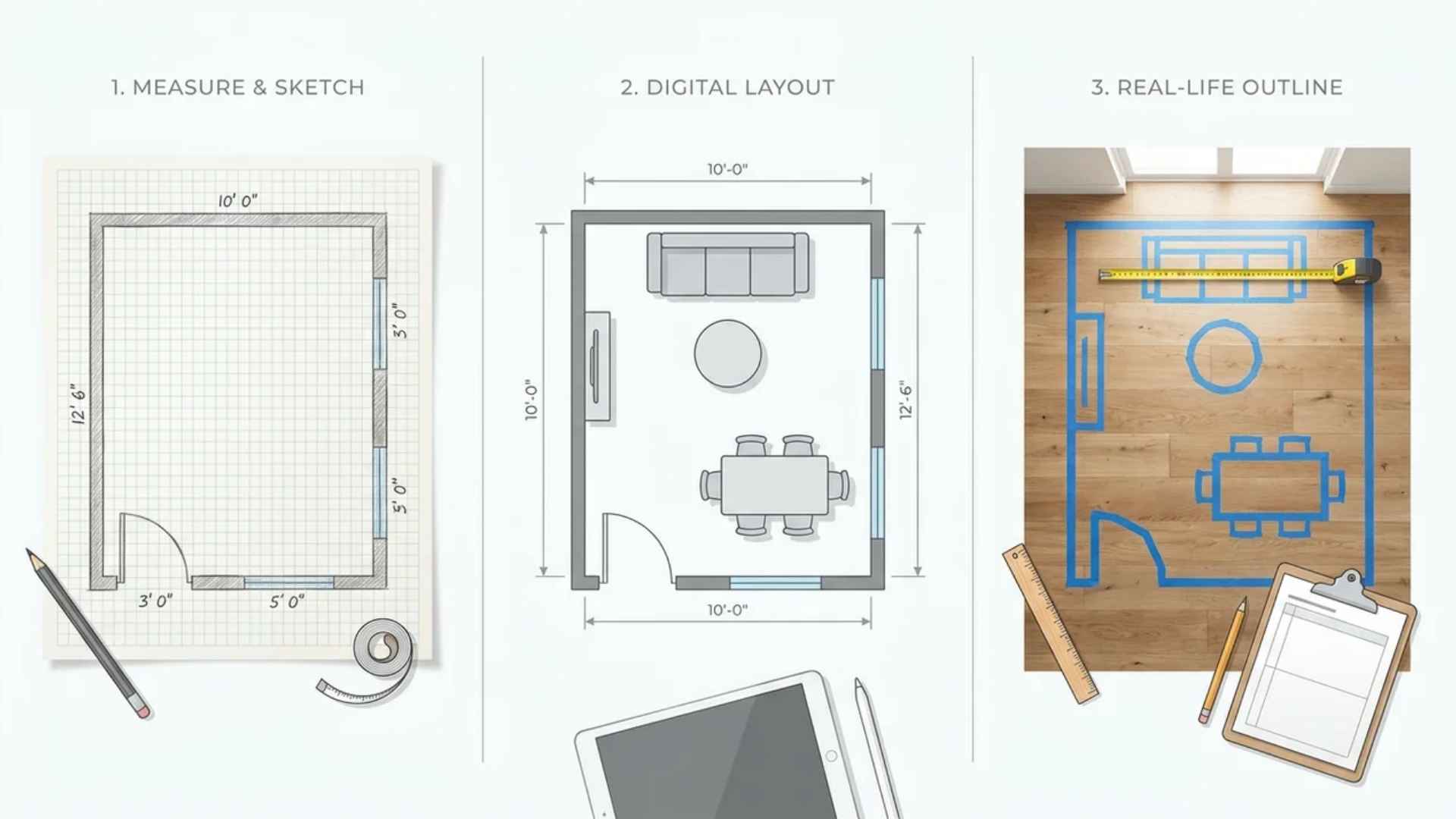 Floor plan with room measurements, furniture layout, and painter's tape markings for space planning.