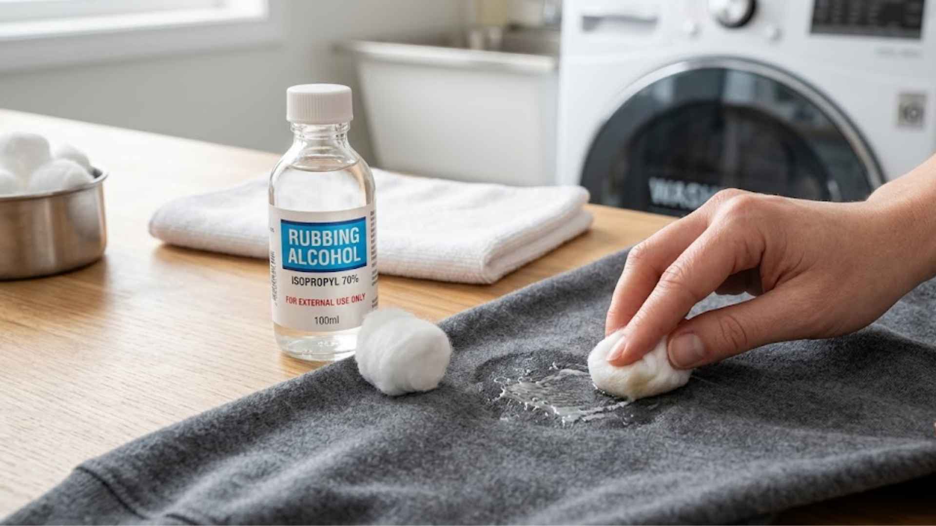 Cotton ball with rubbing alcohol removes sticker residue from cotton or polyester fabric.