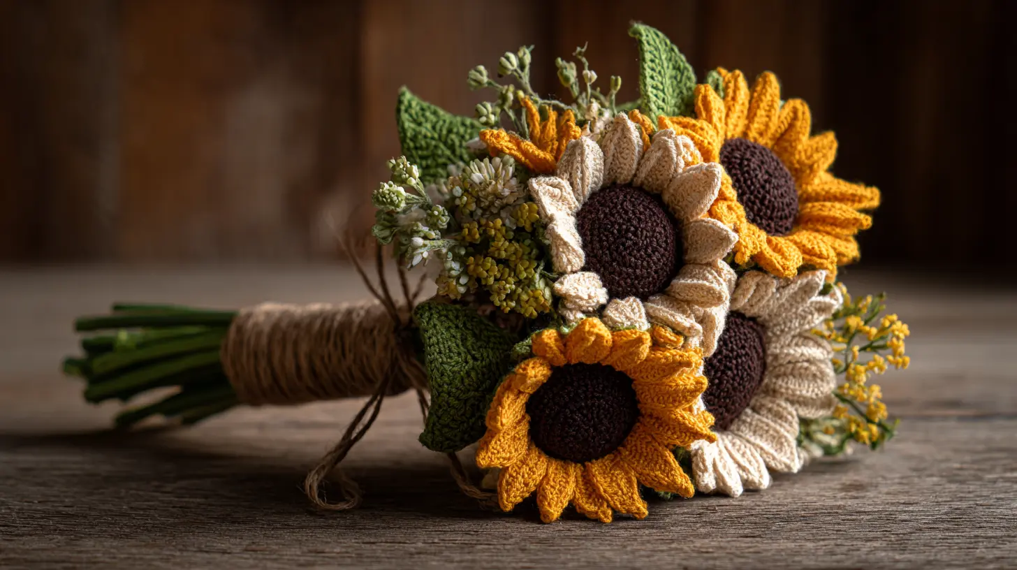 Rustic crochet sunflower arrangement with greenery and twine-wrapped stems