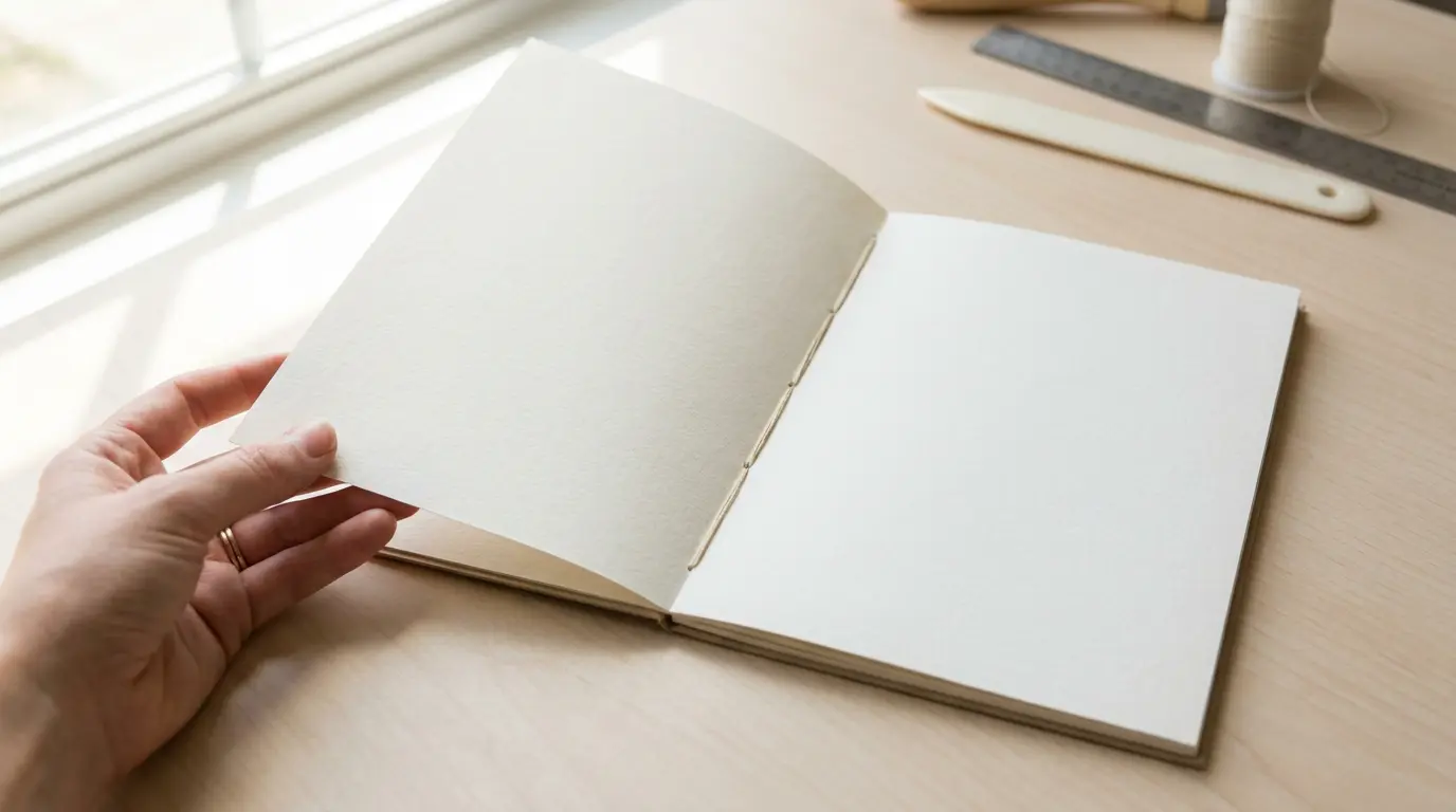Saddle-stitched booklet with staples through the fold