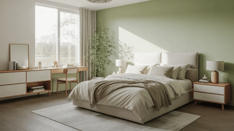 Minimalist bedroom with sage green accents and soft natural decor.