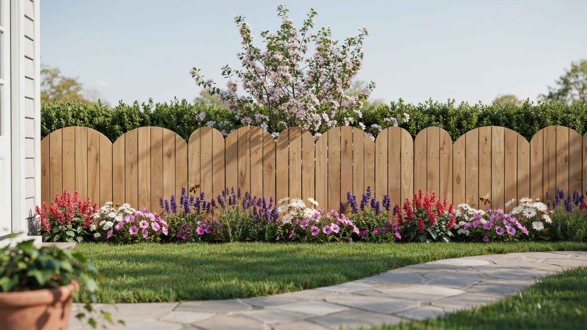 Scalloped wooden picket fence with curved top design bordering a landscaped front yard.