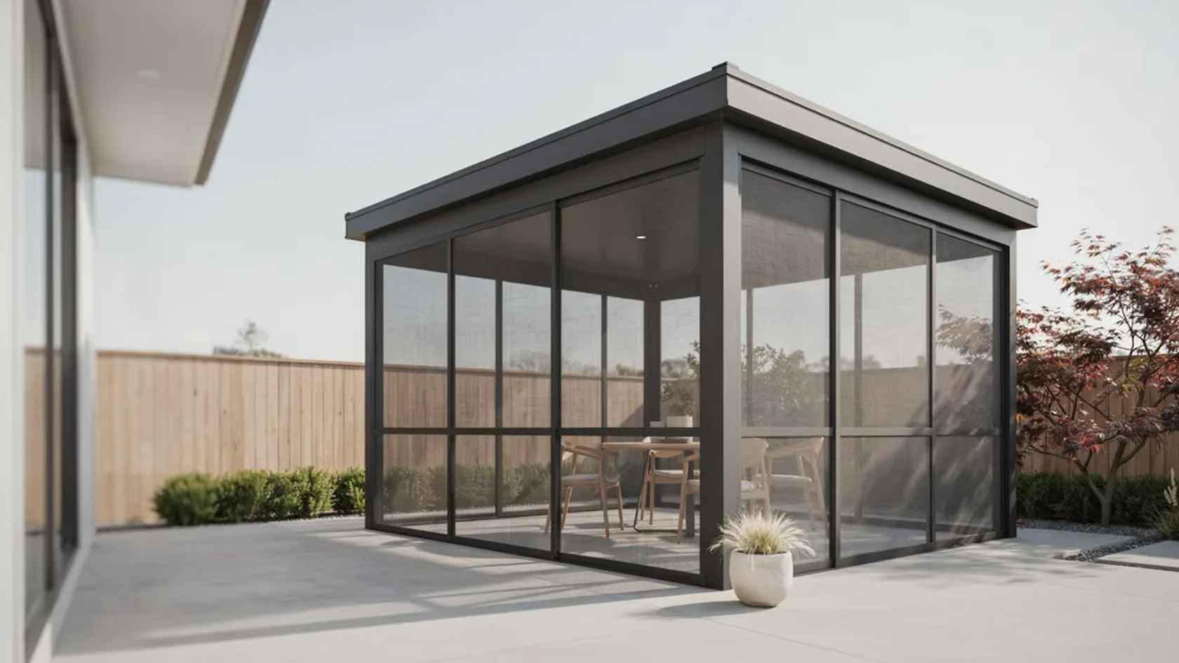 Screened-in porch with mesh panels creating a bug-free outdoor living and dining space