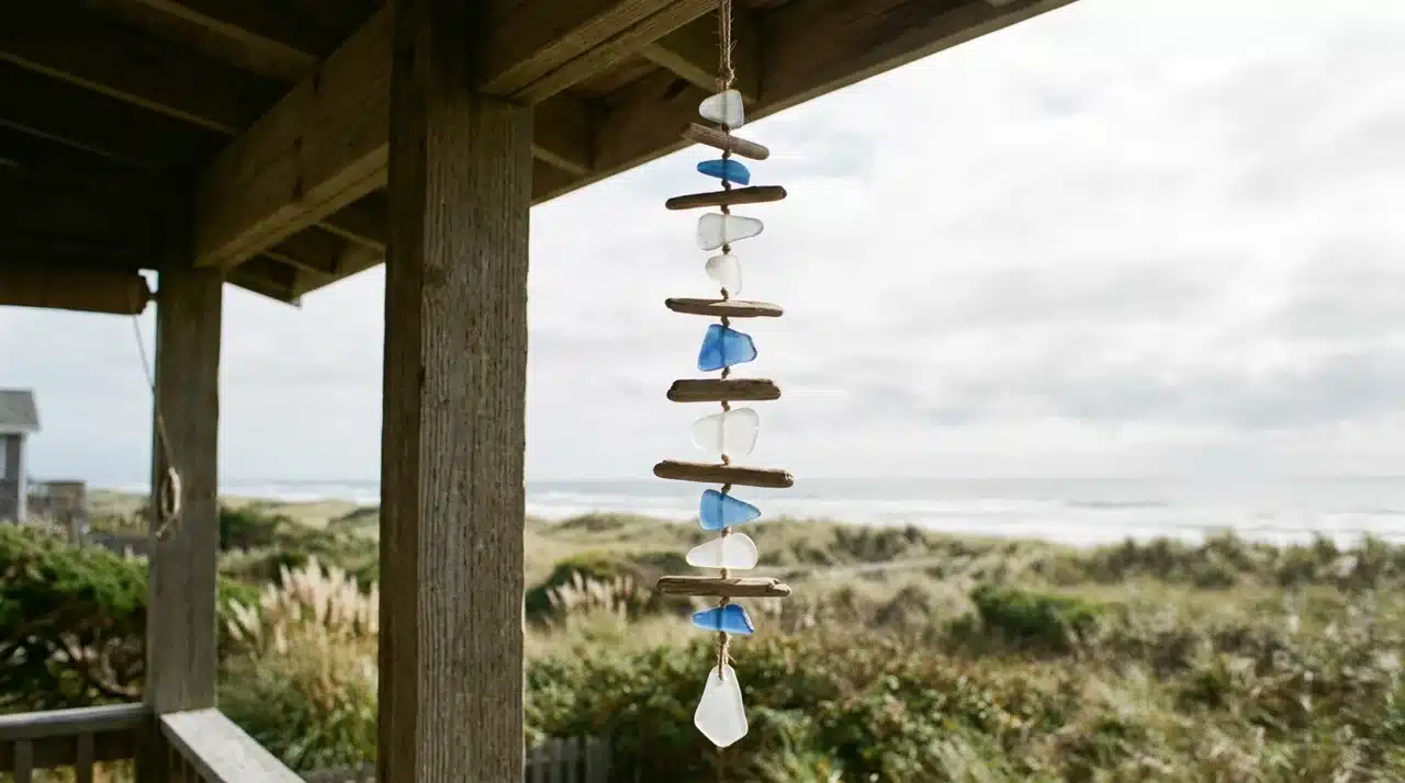 Blue and white sea glass pieces alternating with flat driftwood on cord hanging on a coastal porch
