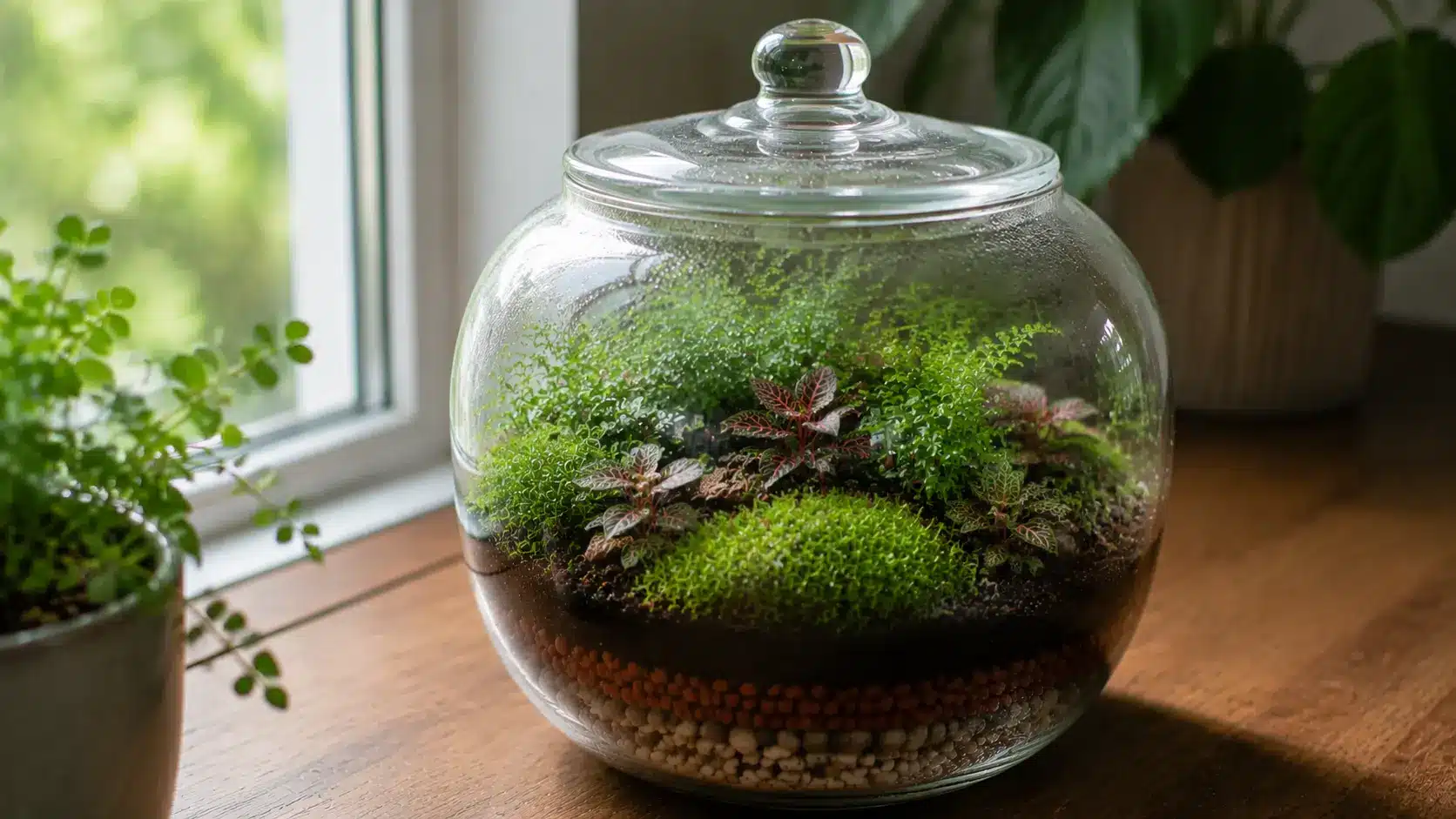Sealed terrarium placed in bright indirect light