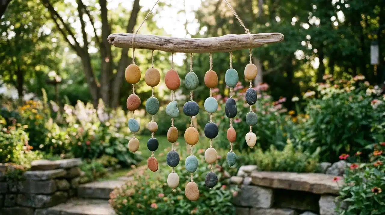 Smooth multicolored round pebbles strung on cord hanging from a driftwood base in a garden