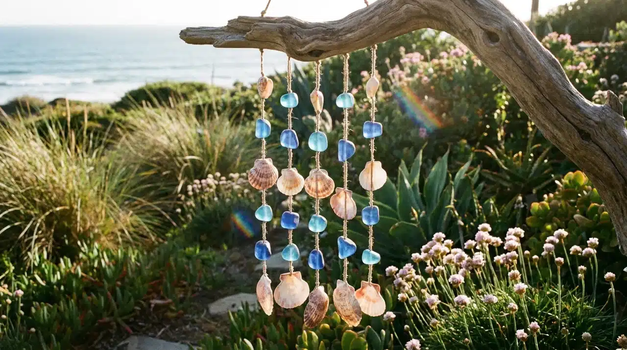 Seashells and blue glass beads alternating on cord hanging from driftwood in a coastal garden