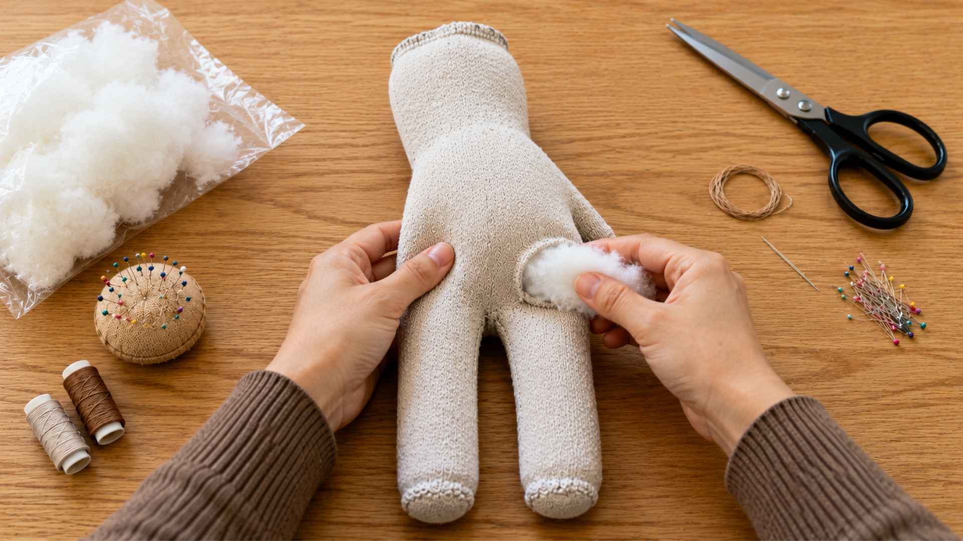 Stuffing the sock monkey body with filling on a wooden craft table