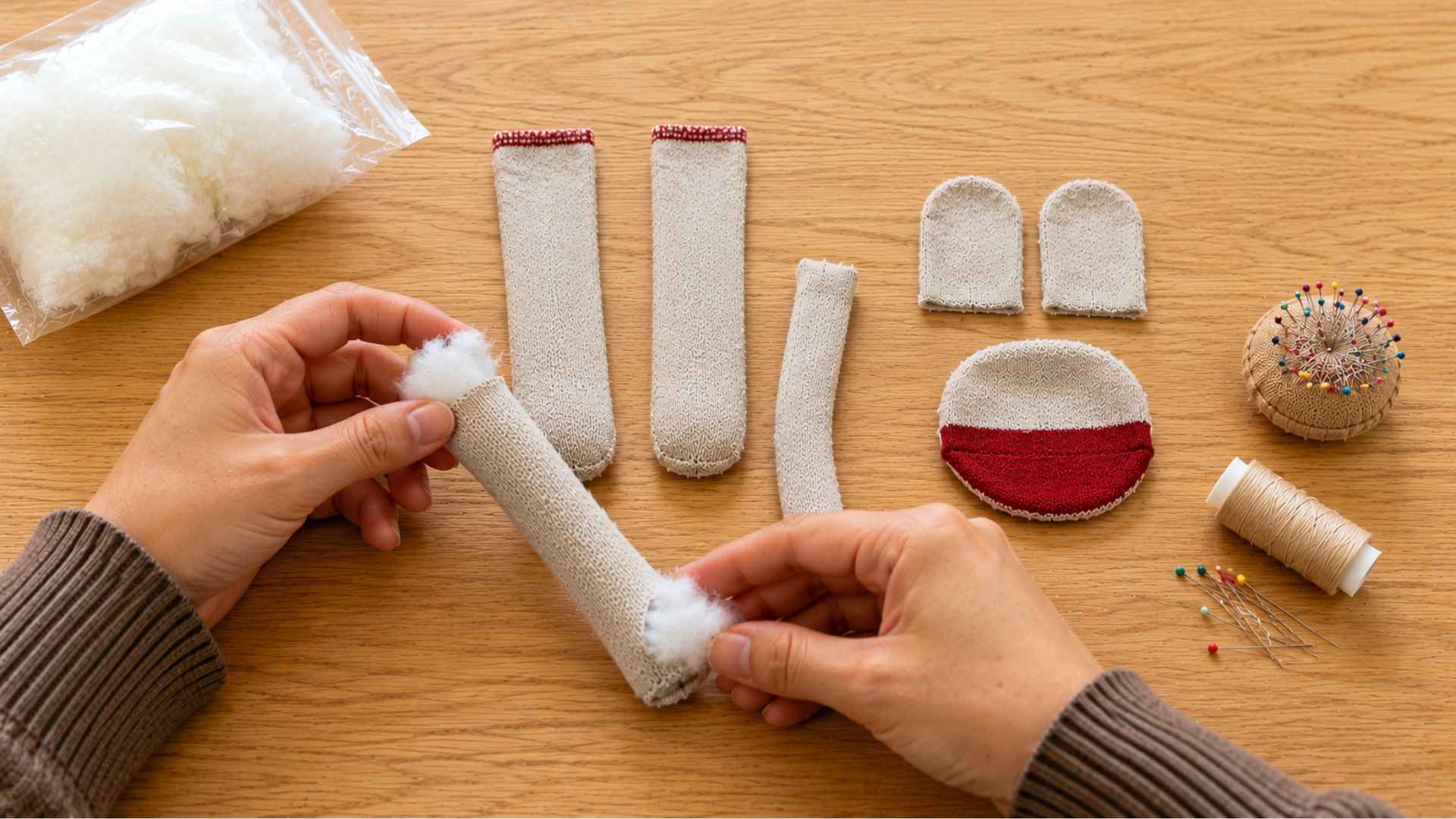 Stuffing small sock monkey pieces for arms and tail before assembly