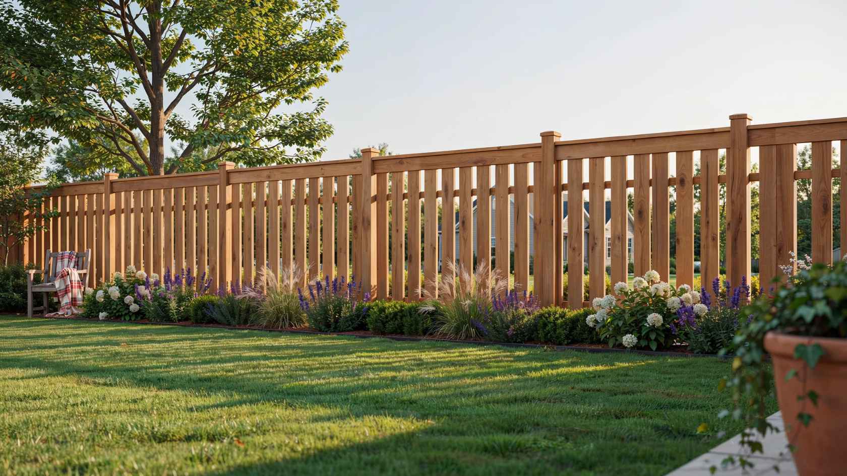Shadow box cedar fence with alternating boards, balanced spacing, and landscaped backyard setting.