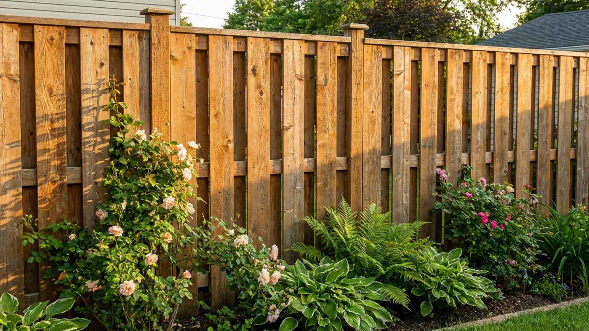 Board-on-board shadowbox wooden fence with alternating cedar boards showing both finished sides.