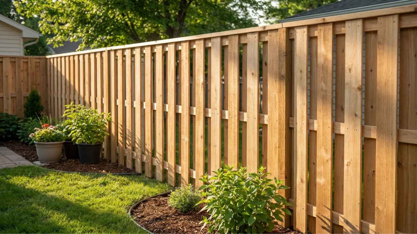 Wood shadowbox fence with alternating boards offering privacy and airflow in a yard