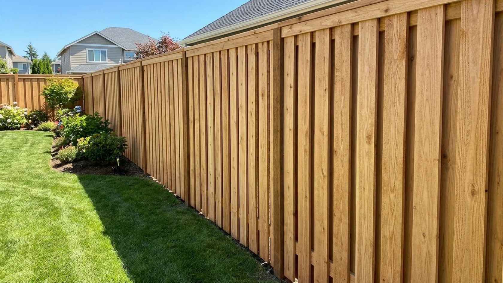 Side-by-side wood fence with vertical cedar boards forming a clean, private backyard boundary.