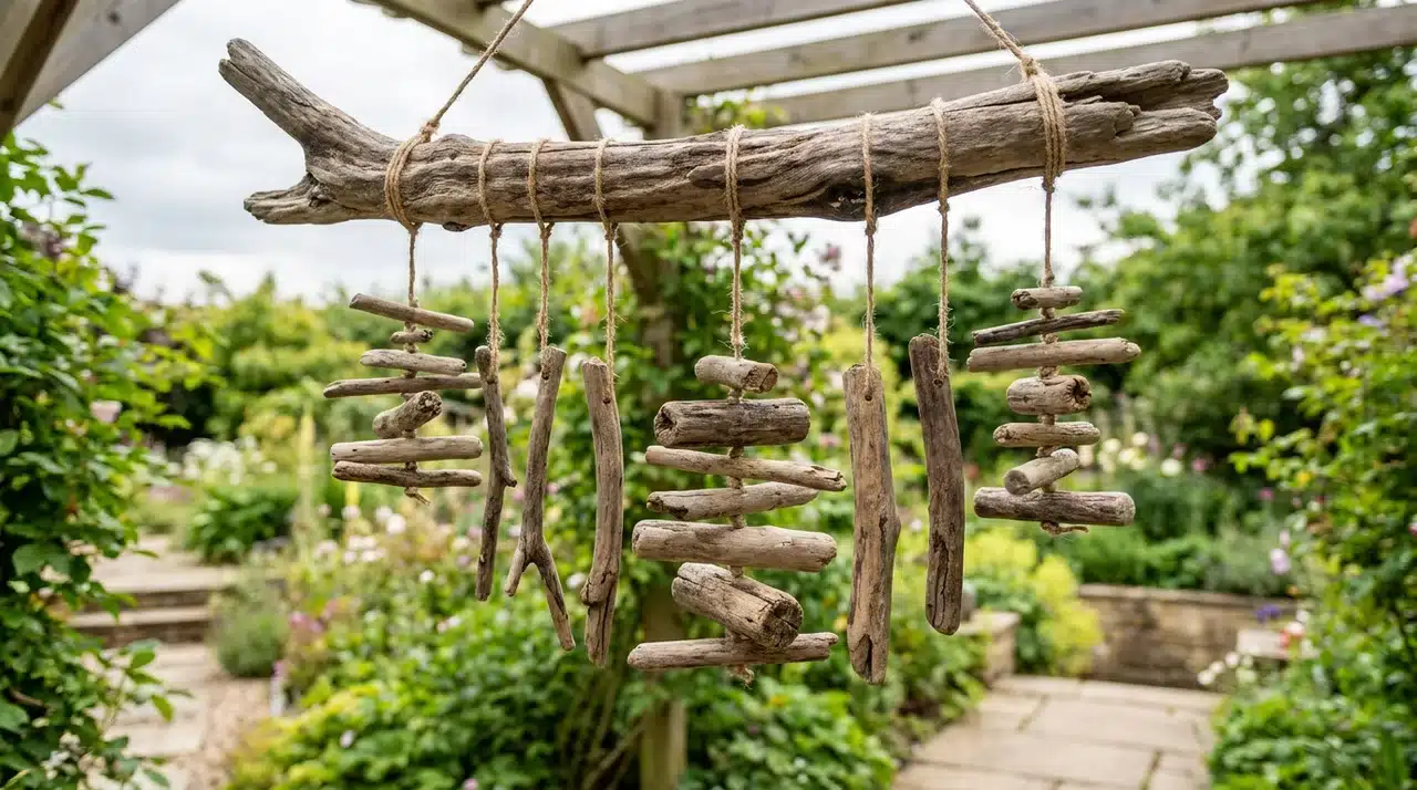 Natural driftwood pieces of varying shapes and sizes hanging from a large driftwood base in a garden